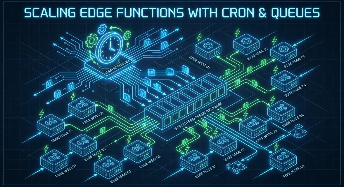 Isometric diagram showing edge functions processing database queues triggered by cron jobs.