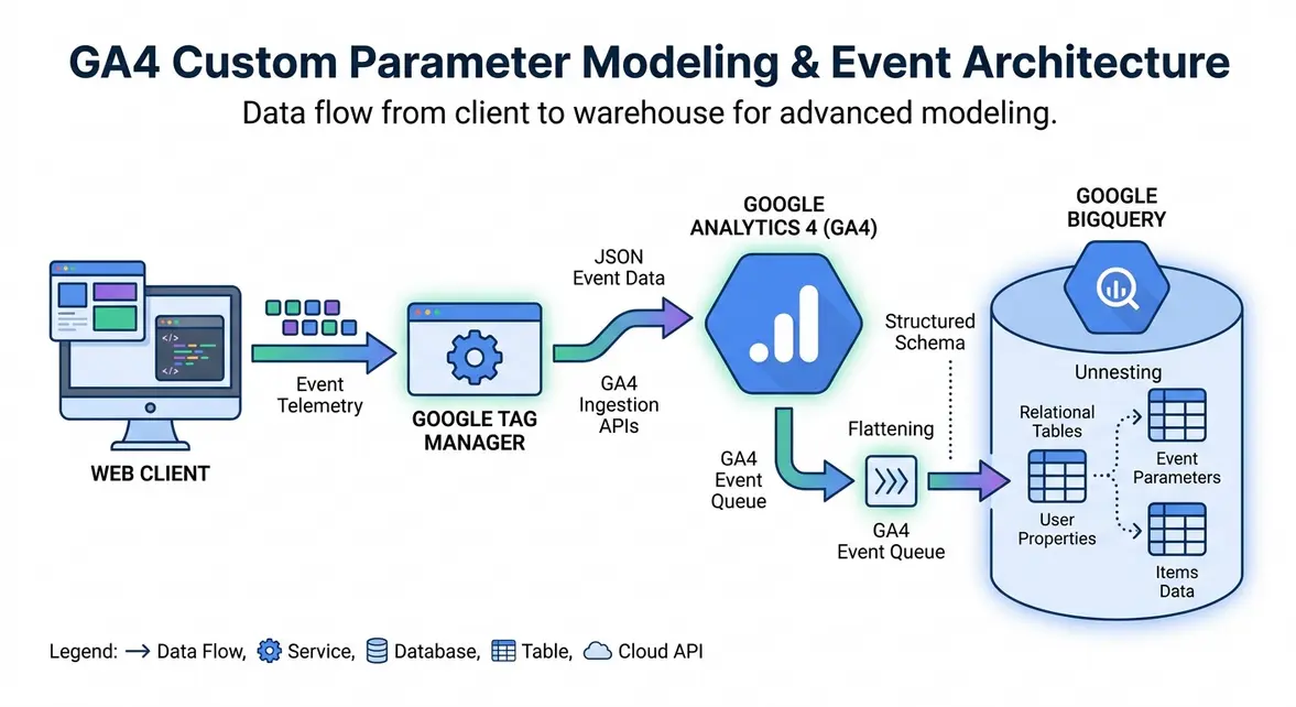 Technical schema diagram illustrating GA4 custom parameter ingestion and BigQuery unnesting pipeline.