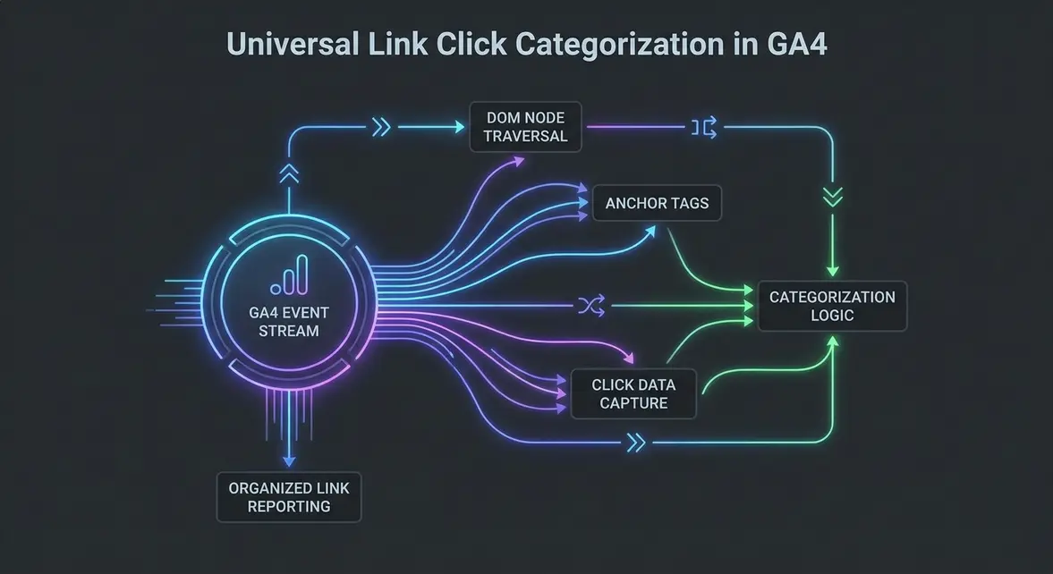 Technical data flow diagram showing automated link click categorization from the DOM to GA4