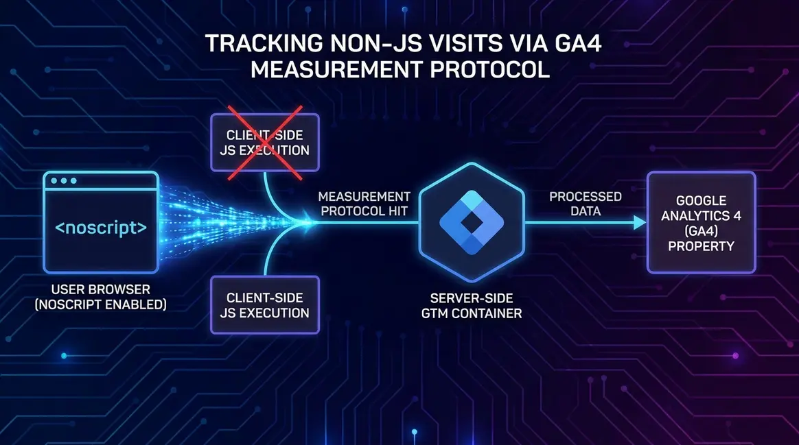 Architecture diagram of non-JS tracking using GA4 Measurement Protocol and Server-Side GTM.