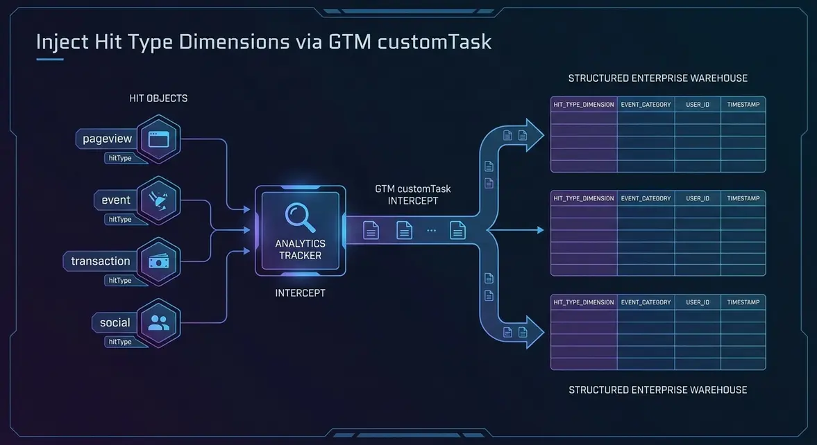 Diagramma architetturale di customTask in GTM che intercetta i dati hitType per dimensioni personalizzate.