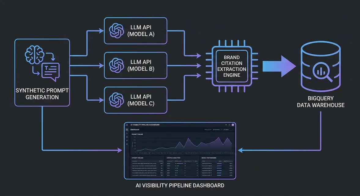 Data flow diagram illustrating automated LLM prompt tracking and brand citation analytics.