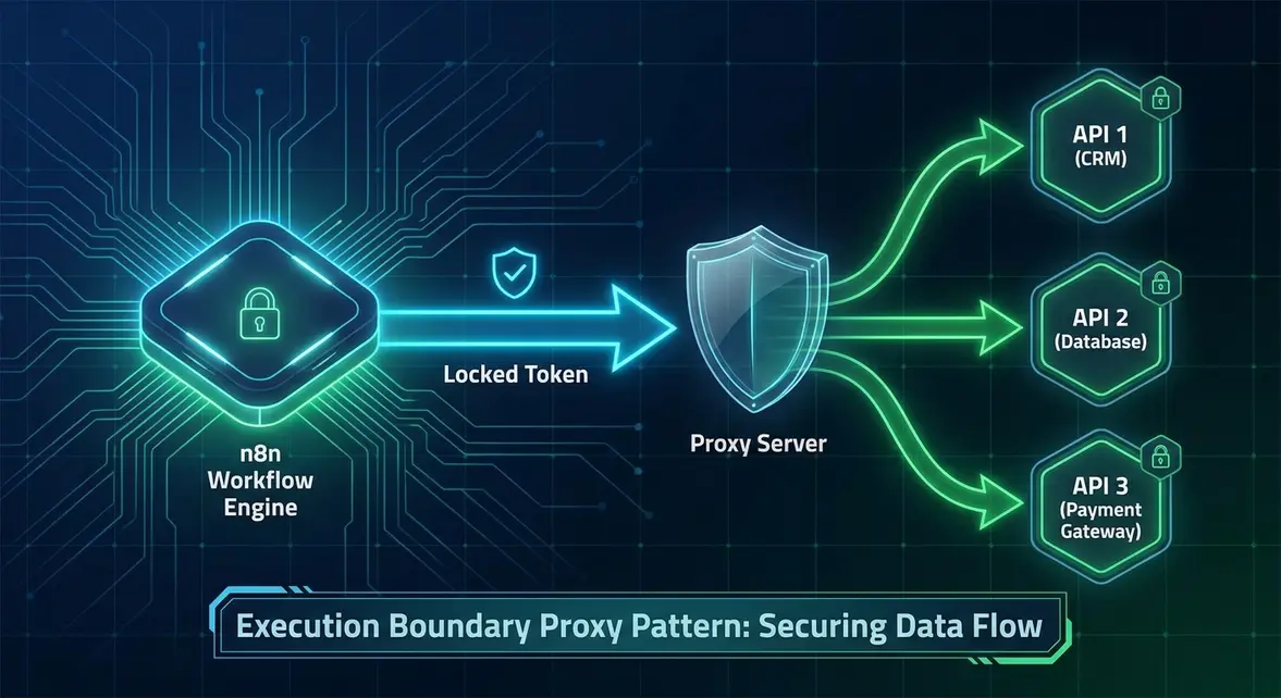 Architectural diagram showing n8n routing requests through a secure proxy to prevent leaks