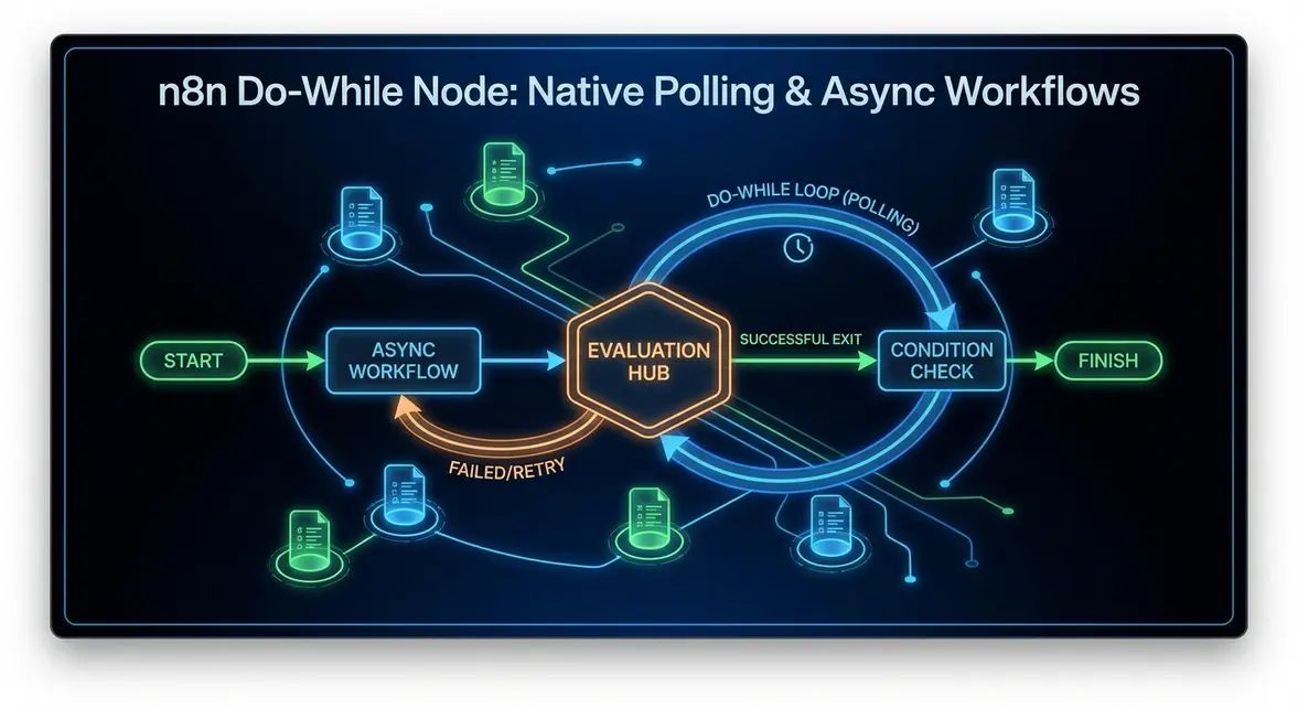 Architectural diagram of a do-while loop control flow in an n8n workflow.