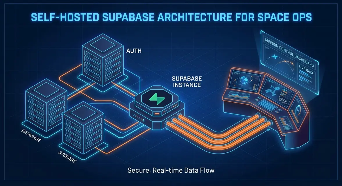 Isometric diagram of a self-hosted Supabase architecture powering space mission control operations.