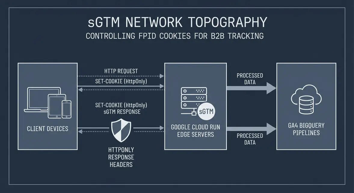 Technical architecture diagram of sGTM FPID cookie control and GA4 tracking flow.