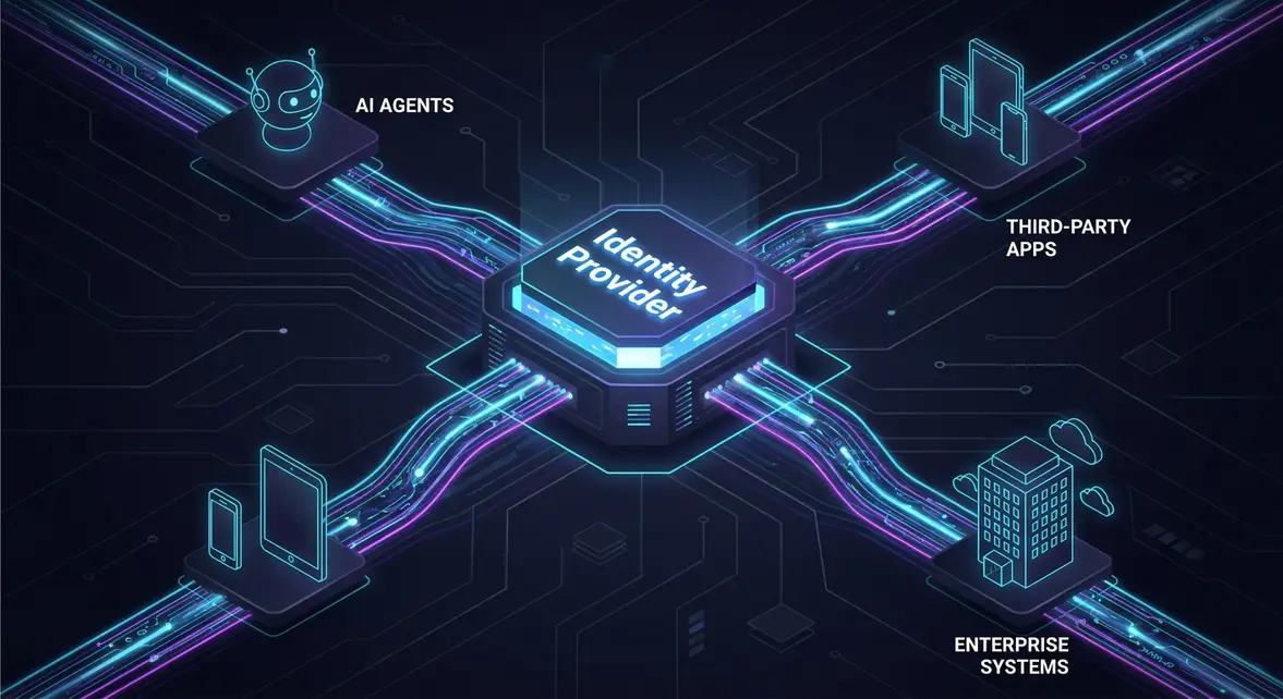Isometric architecture diagram of Supabase OAuth 2.1 acting as a central identity provider hub.