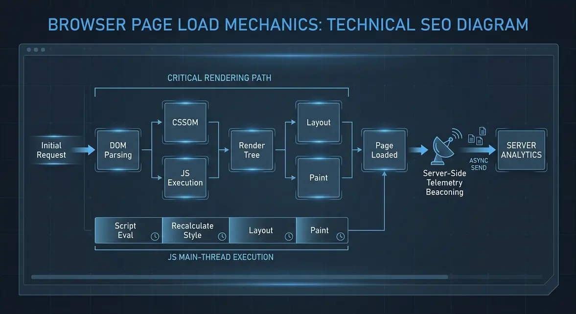Technical architectural diagram showing browser page load telemetry and server-side beaconing.