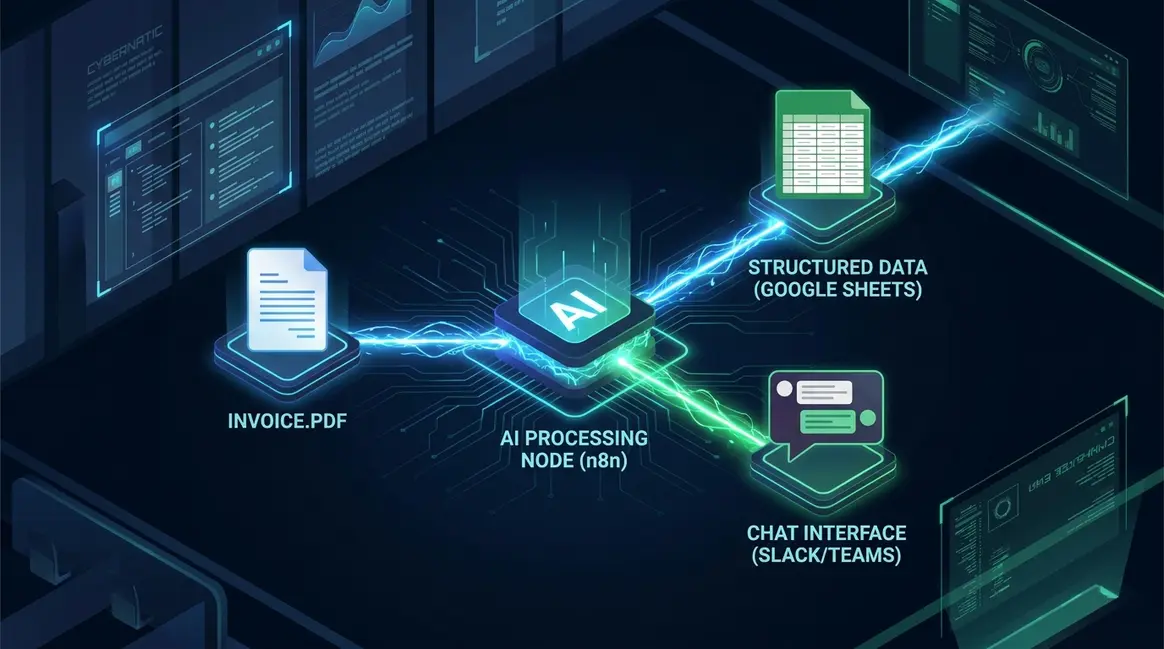 Isometric architecture diagram of an n8n automated document extraction and AI summarization pipeline.