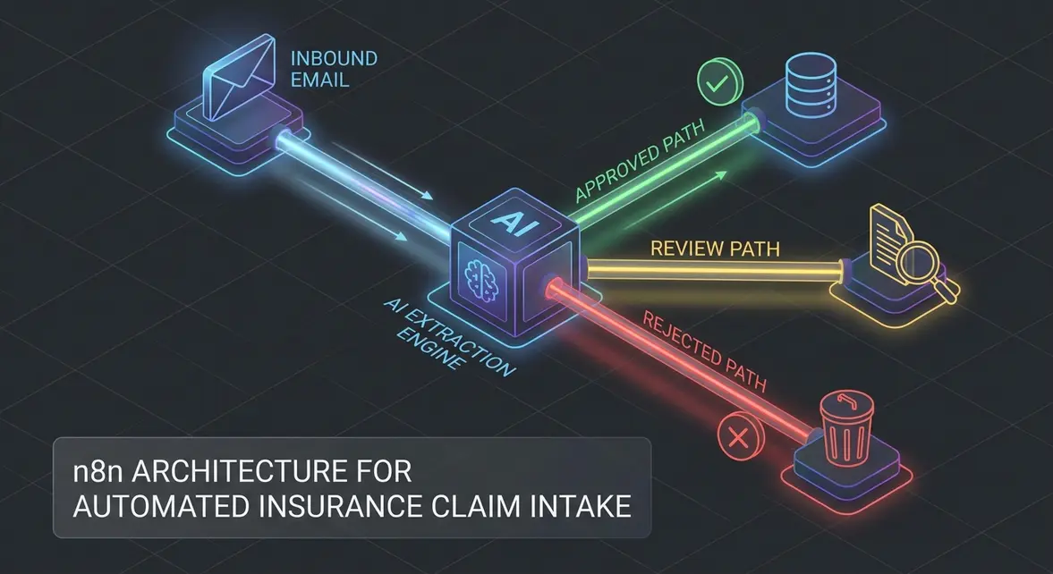 Isometric diagram showing an automated insurance claim pipeline routing data from email to adjusters.