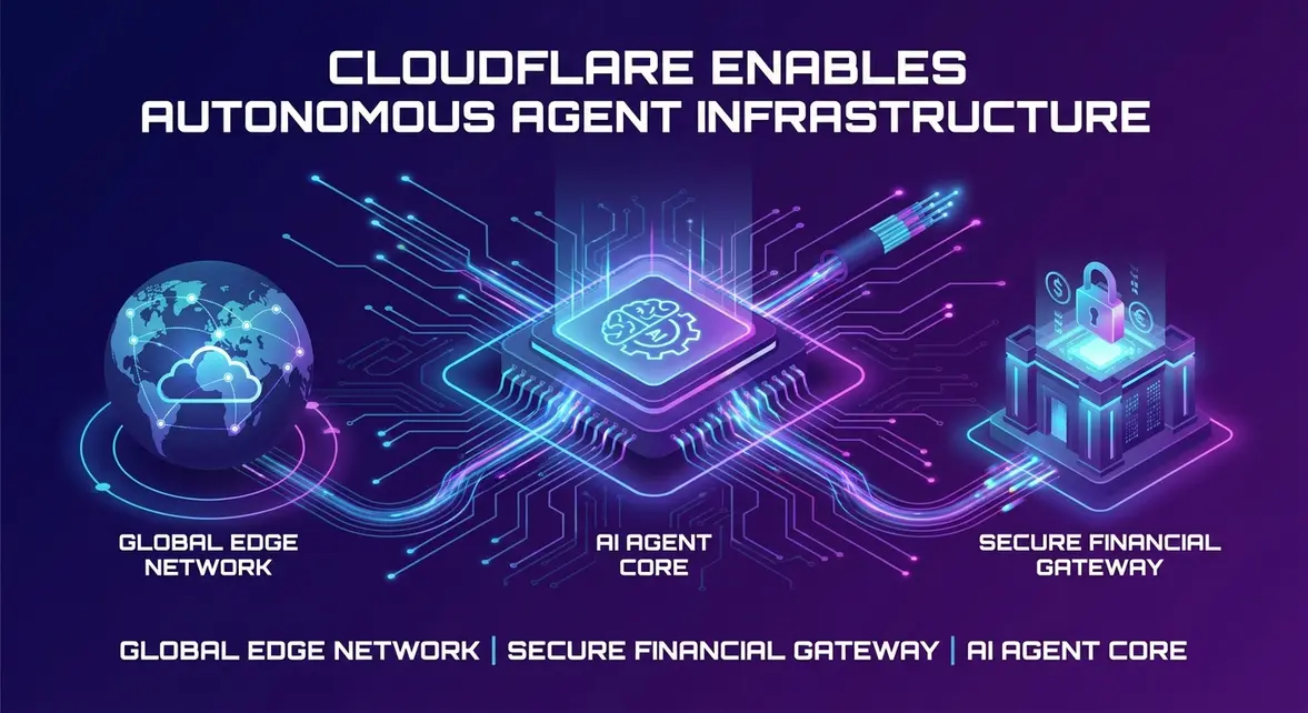 Isometric diagram of AI agents autonomously provisioning Cloudflare edge infrastructure and billing.