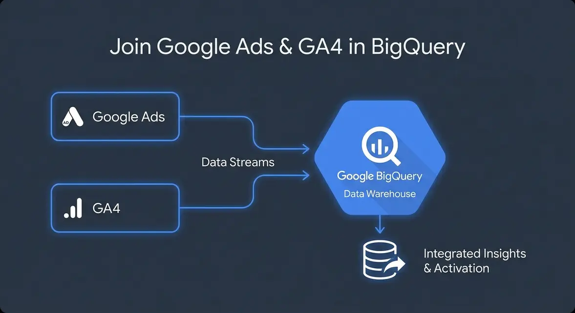 Data pipeline architecture diagram joining Google Ads and GA4 event streams in BigQuery.
