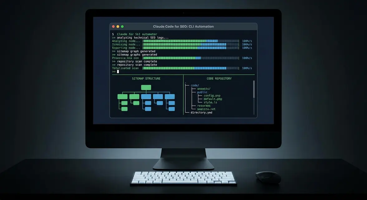 Claude Code command line interface automating technical SEO workflows and code updates.