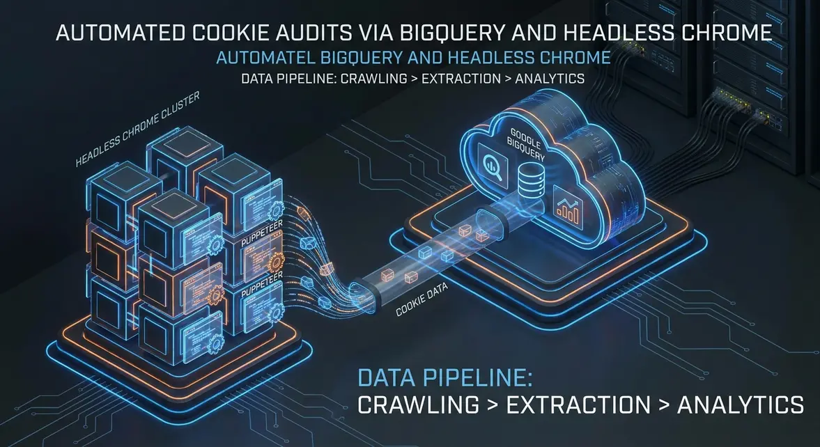 Technical diagram showing headless Puppeteer pipeline streaming cookie audit data into BigQuery.