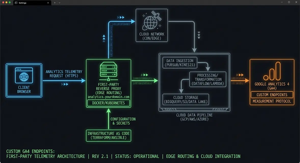 Technical architectural diagram illustrating custom endpoint routing for first-party analytics.