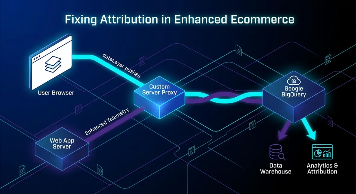 Server-side ecommerce attribution pipeline architecture diagram connecting client to BigQuery