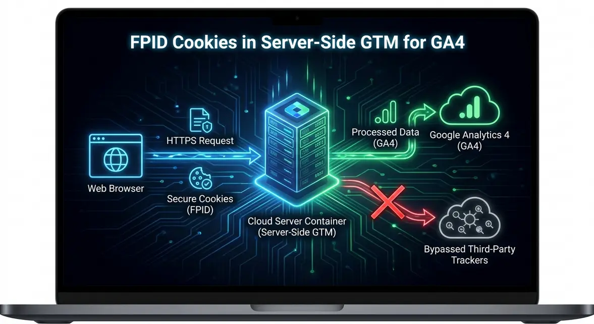 Server-side tagging architecture diagram showing FPID cookie generation and first-party data flow.