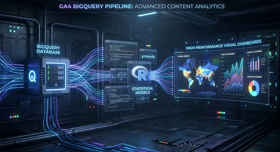 Architectural diagram of GA4 BigQuery event streaming pipeline with R statistical modeling.