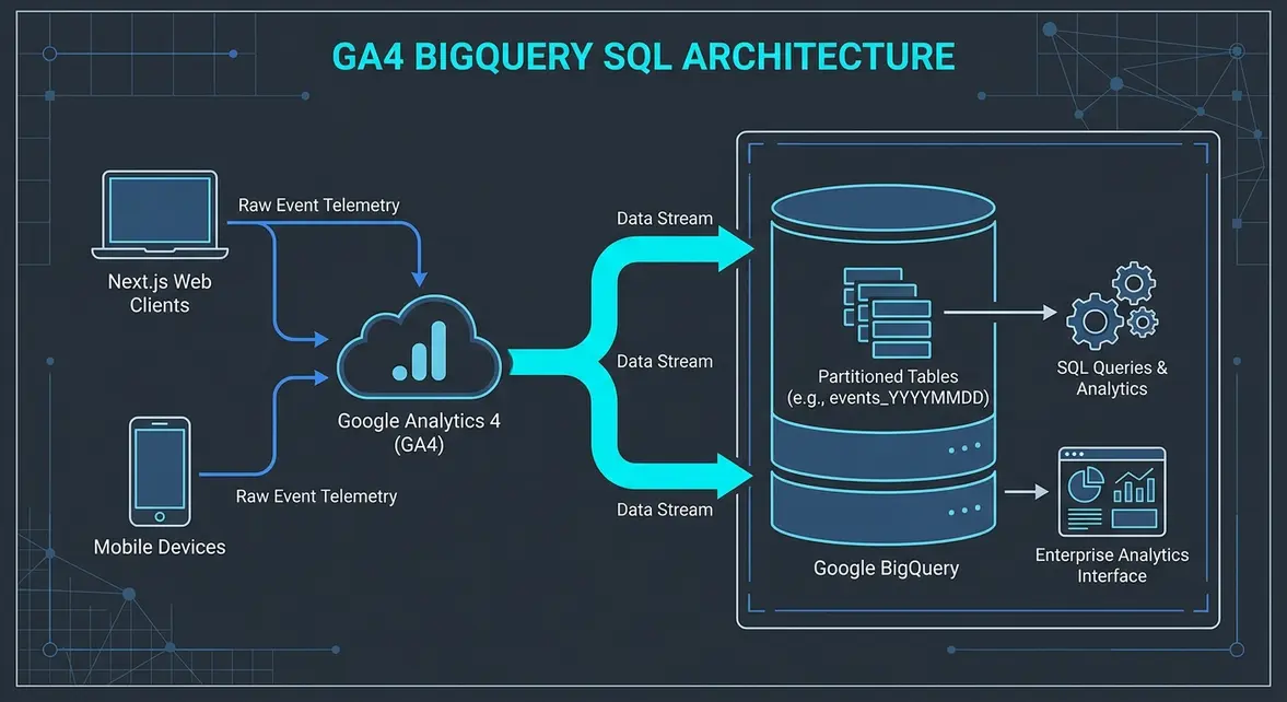 Architectural diagram showing raw GA4 telemetry exporting to Google BigQuery partitioned tables.