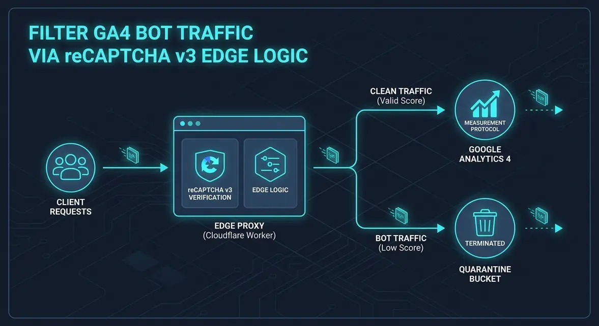 System architecture diagram of reCAPTCHA v3 edge bot filtering for Google Analytics 4.