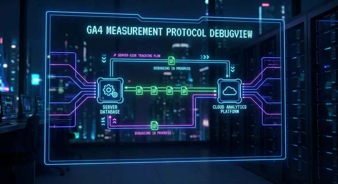 GA4 Measurement Protocol server-side data flow and DebugView analytics dashboard.