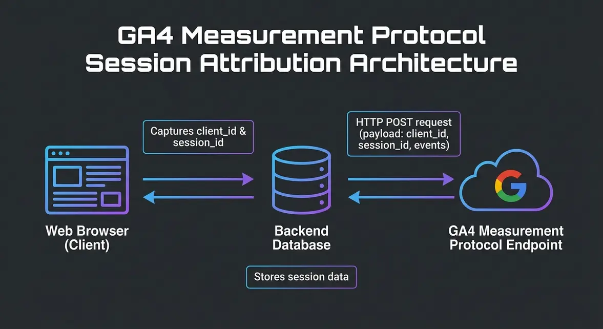GA4 Measurement Protocol Session Attribution Architecture Diagram
