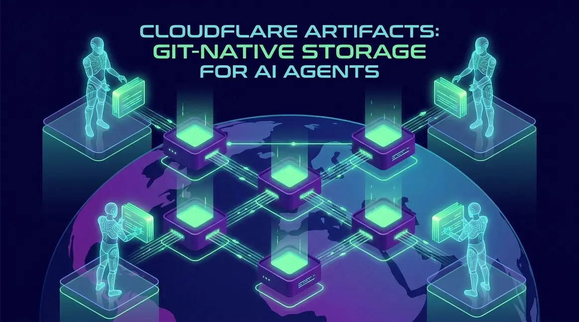 Isometric diagram of AI agents pushing versioned data to Cloudflare Artifacts distributed storage.