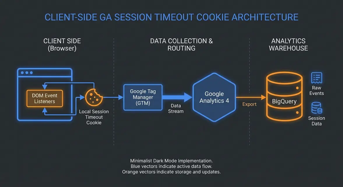 Technical architecture diagram of client-side Google Analytics session timeout cookie orchestration.