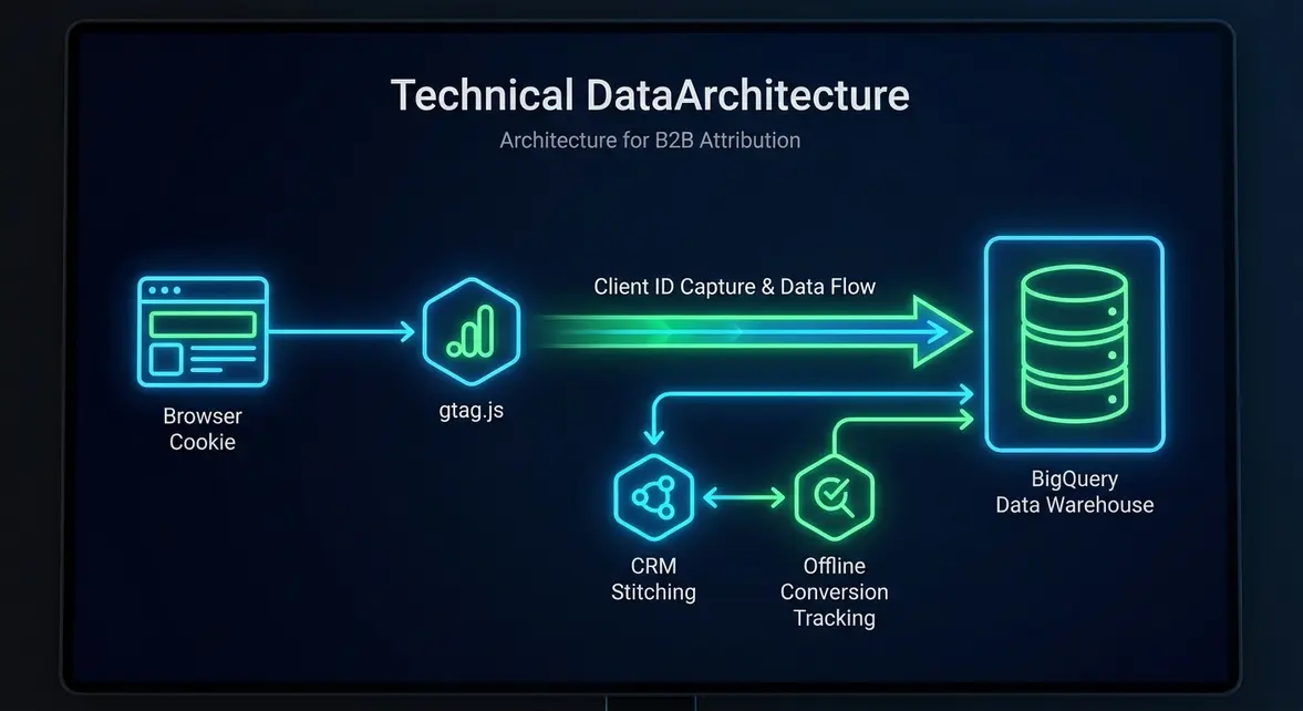 Technical diagram of gtag.js Client ID extraction and BigQuery CRM data stitching architecture.