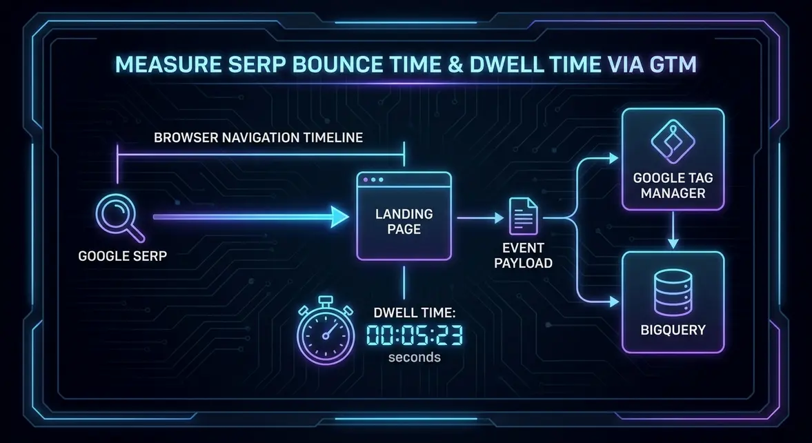 Technical architecture diagram of SERP bounce dwell time tracking via Google Tag Manager.