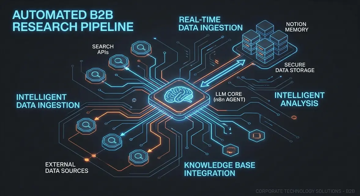 n8n workflow architecture showing search API routing, LLM analysis, and Notion database memory.
