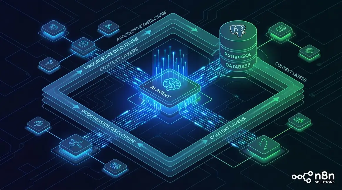 Isometric architecture diagram of n8n AI agent integrating with PostgreSQL for progressive disclosure