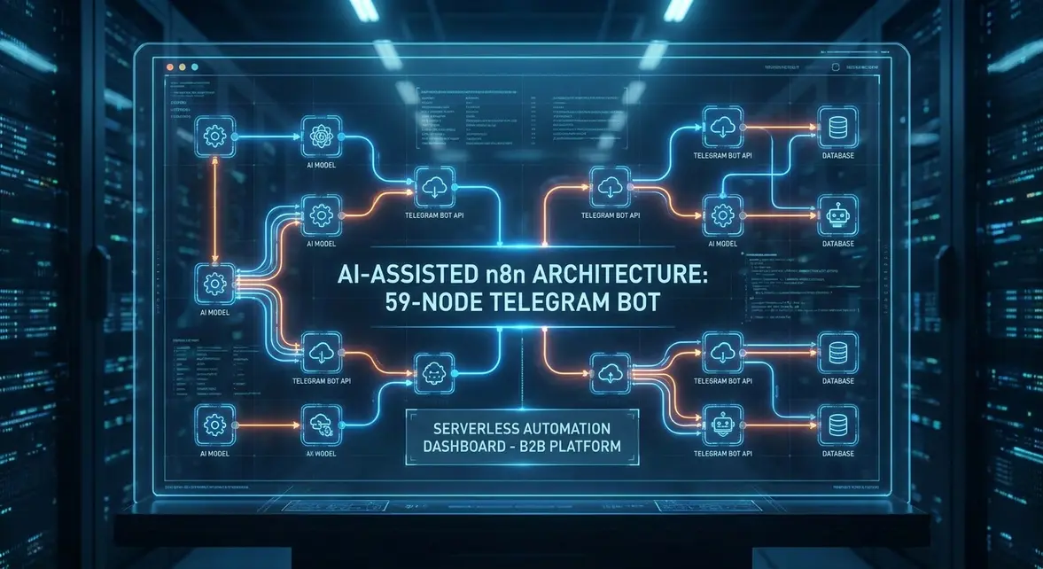 Visual representation of a 59-node n8n workflow architecture integrating Telegram and Google Sheets.