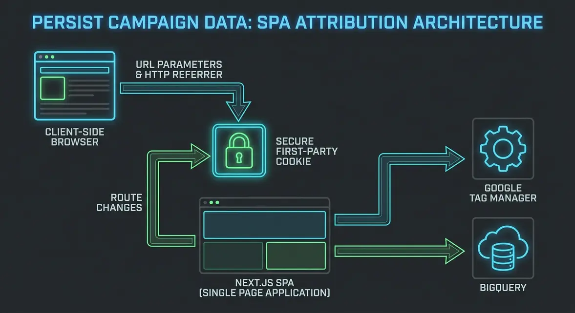 Technical data flow diagram of GTM campaign persistence across single page application routes.
