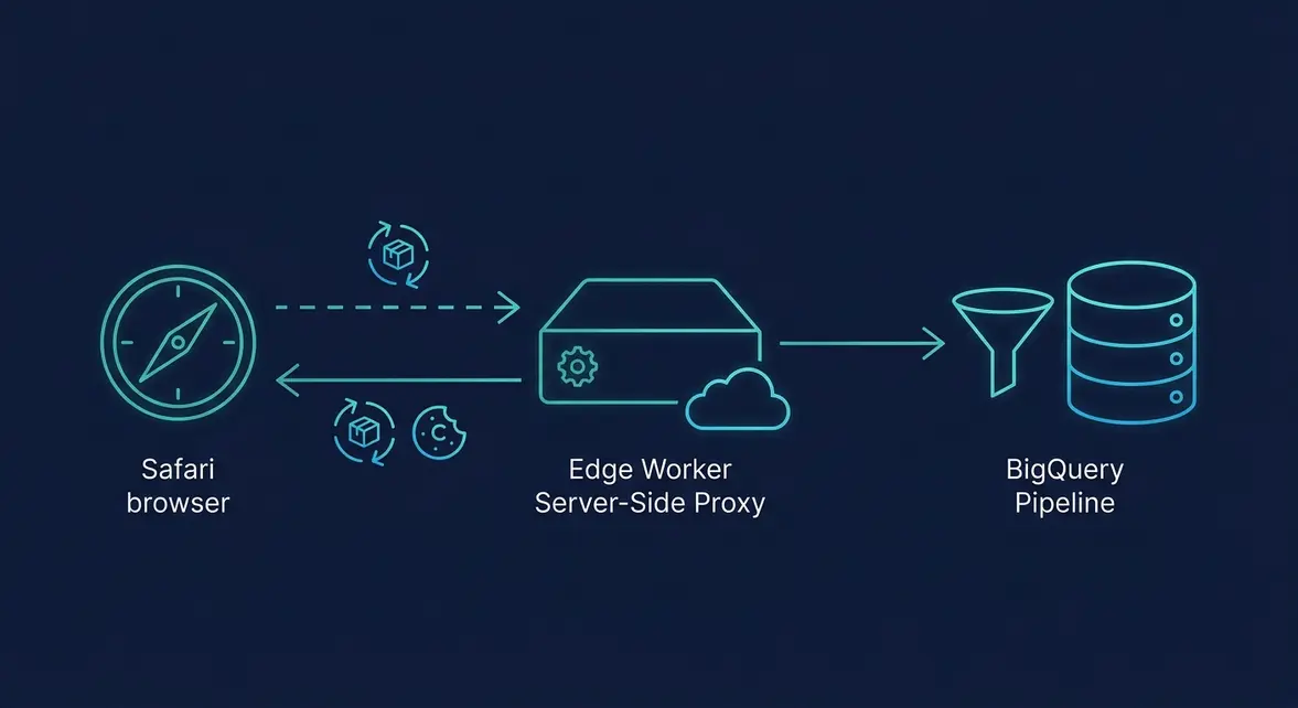 Architectural diagram of Safari ITP bypass via edge server Set-Cookie HTTP attribution pipeline