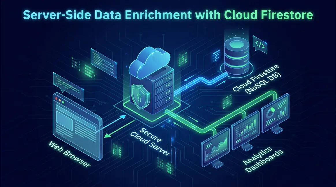 Diagram illustrating server-side Google Tag Manager data enrichment using Cloud Firestore.