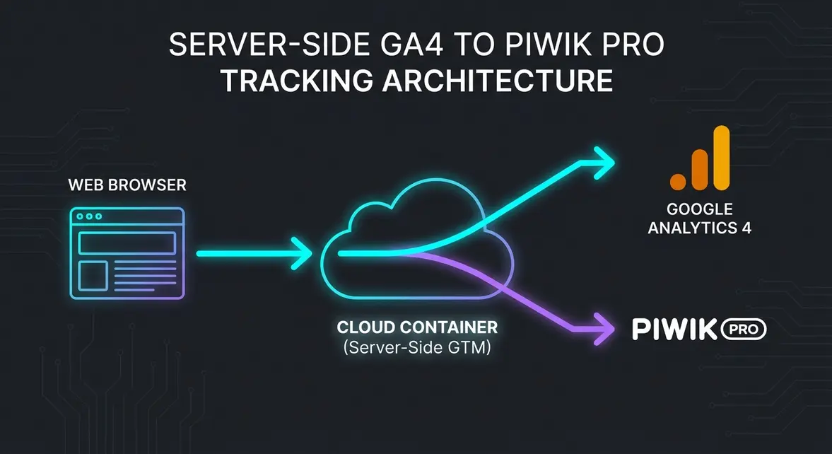 Server-side GTM architecture routing GA4 events to Piwik PRO HTTP Tracking API