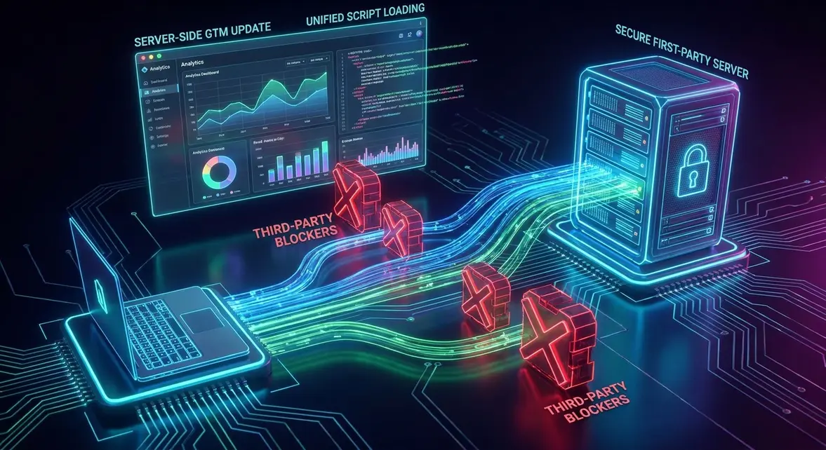 Server-side GTM architecture diagram showing first-party data routing and analytics.