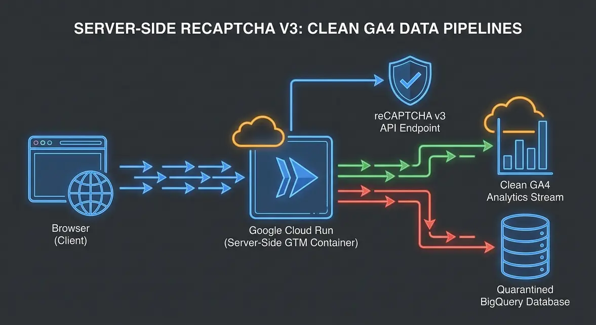 Architecture diagram of server-side reCAPTCHA v3 verification in Google Tag Manager.