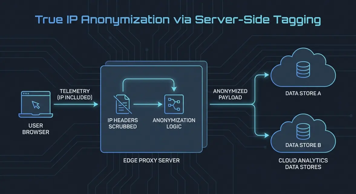 Server-side GTM architecture routing telemetry through Cloud Run for edge IP anonymization.