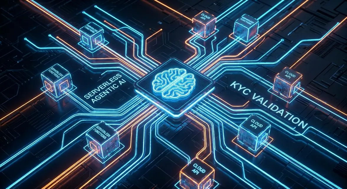 AWS serverless architecture diagram showing agentic AI processing KYC data streams in real-time.