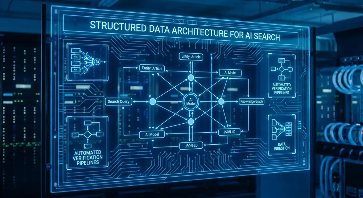 Technical architectural diagram of an interconnected JSON-LD schema knowledge graph for AI search engines