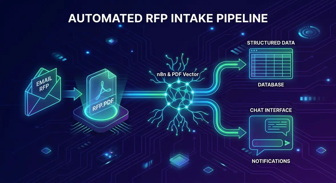 Diagramma architetturale isometrico di una pipeline automatizzata per l'estrazione di RFP con n8n e PDF Vector.