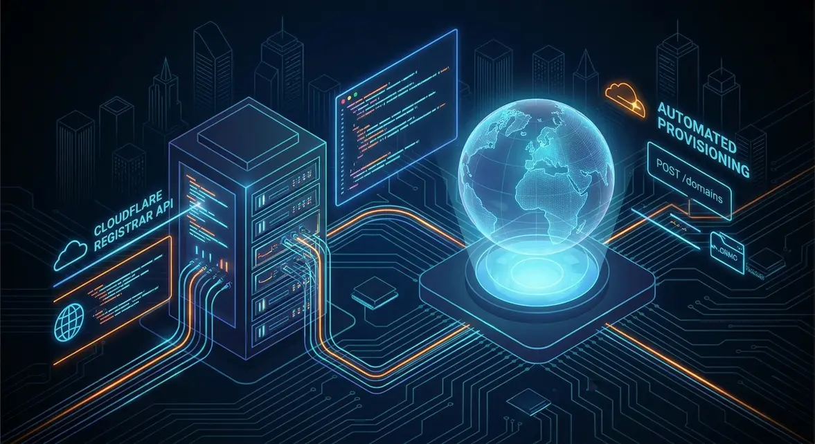 Isometric diagram showing automated domain registration via Cloudflare API and AI agents.