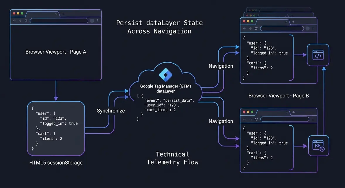 Architectural diagram of dataLayer persistence using HTML5 sessionStorage in Google Tag Manager.